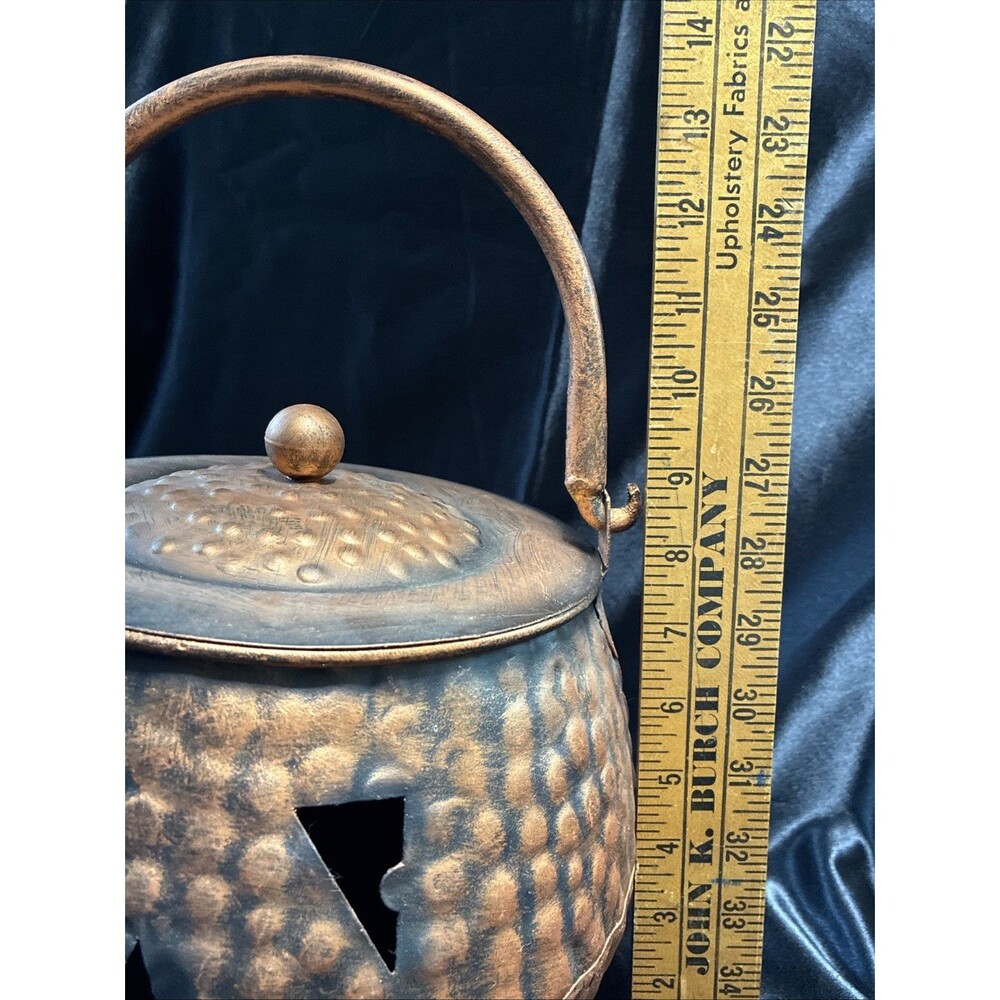 Hammered Copper JackoLantern Metal Bucket & Lid Halloween Pumpkin Candy Cauldron - Picture 6 of 14